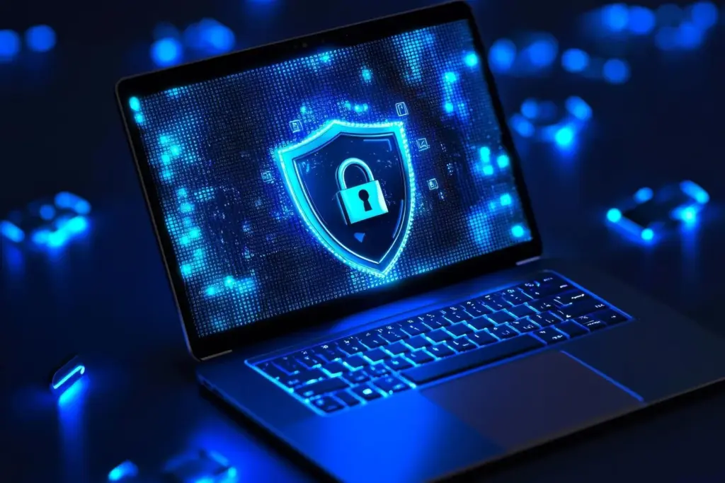 Ordinateur portable affichant un bouclier de cybersécurité