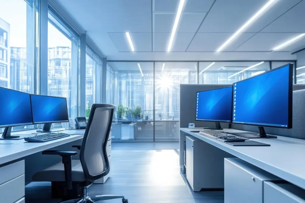 Bureau moderne équipé de postes à double écran