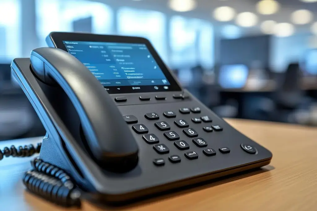 Téléphone IP posé sur un bureau d'entreprise